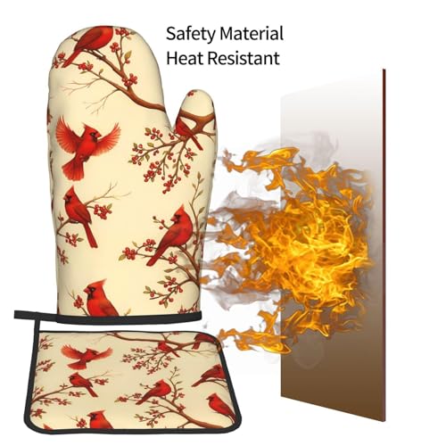 Red Cardinal Oven Mitts and Pot Holders Sets of 3 (Cardinal Bird)