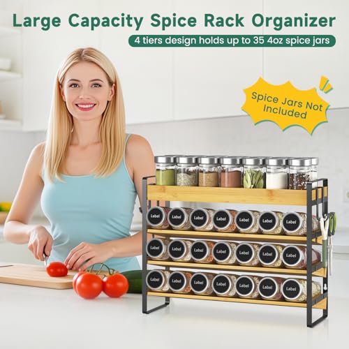Spice Seasoning Rack Organizer Kitchen Countertop (Bamboo+Black)