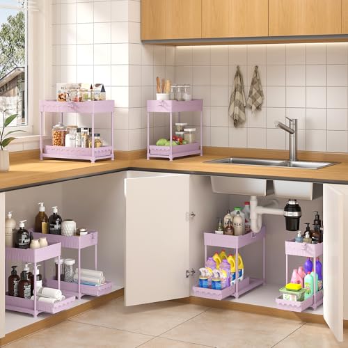 4-Pack 2-Tier Under Sink Organizer with Pull Out Drawers (Pink / 14.8 Inch)