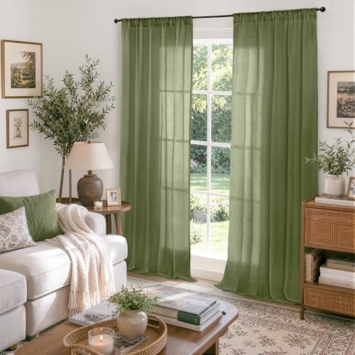 Olive Green Linen Sheer Curtains 84 Inches Long for Living Room (Olive Green / 52"W x 84"L (Pack of 2))