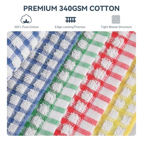 12 Pack 100% Cotton Kitchen Dish Cloths (Blue, Green, Red, Yellow / 12"x12" - 12 pcs)