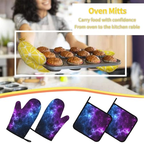 Cool Blue Purple Galaxy Oven Mitts and Pot Holders Sets of 4 (Cool Blue Purple Galaxy)