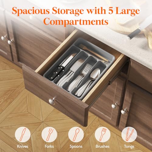 Silverware Drawer Organizer Tray (Gray / 9.1 x 12.6 inch (5 Slots))