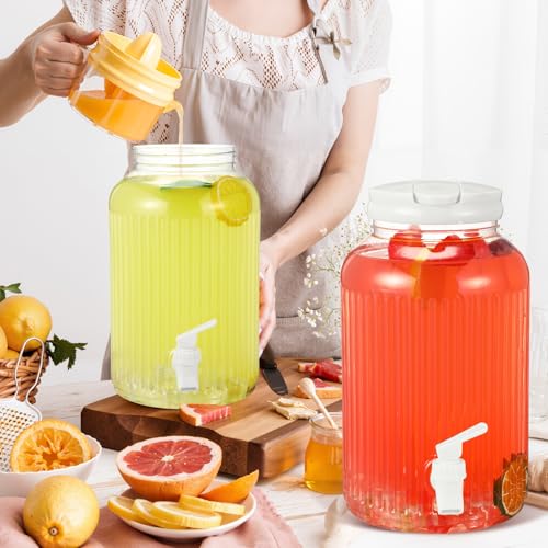 2 Pieces 1 Gallon Plastic Beverage Dispenser with Spigot Striped Clear Large Drink Beverage Dispenser Summer Fridge Water Container with Tap for Party Iced Tea (White)