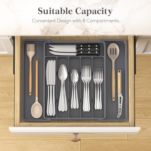 Expandable Silverware Drawer Organizer (Dark Grey / Large (11-18''W x 14''D))
