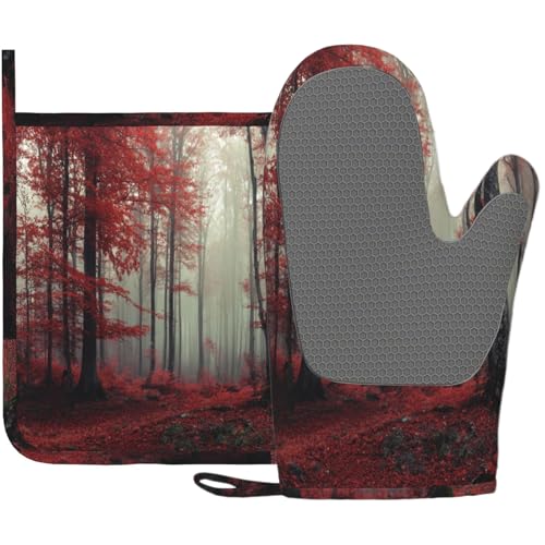 Forest Oven Mitts and Pot Holders Sets Red Trees Landscape Silicone Heat Resistant Kitchen Oven Gloves Pot Holder for Cooking Baking Grilling BBQ (Forest)