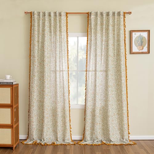 Floral Boho Linen Curtains 96 Inch Long 2 Panels Set with Yellow Tassels Farmhouse Semi Sheer Bohemian Spring Living (Yellow and Green / 50"W x 96"L (Pack of 2))