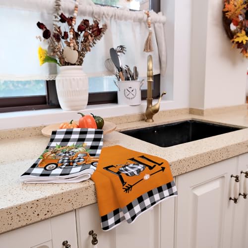 Pumpkin Fall Kitchen Towels Set of 4 for Decor Buffalo Plaid (Orange)