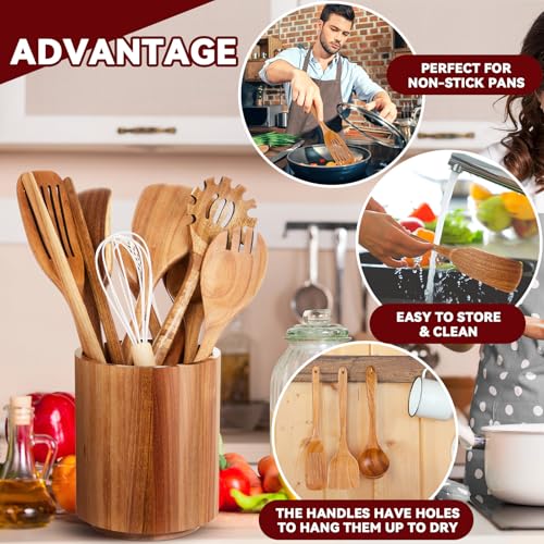 11 Pcs Acacia Wood Kitchen Utensil Set with 360° Rotating Holder (Natural / Straight)