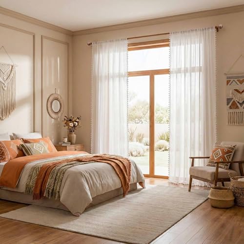 Semi Sheer Light Filtering White Bohemian Curtains for Sliding Door 96 Inches Long (Z-pure White / 50"W x 96"L (Pack of 2))
