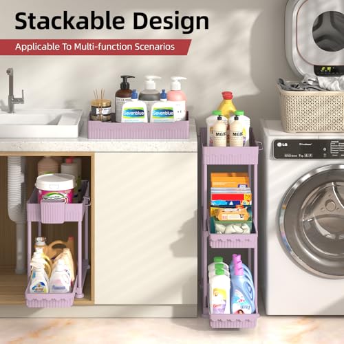 4-Pack 2-Tier Under Sink Organizer with Pull Out Drawers (Pink / 14.8 Inch)