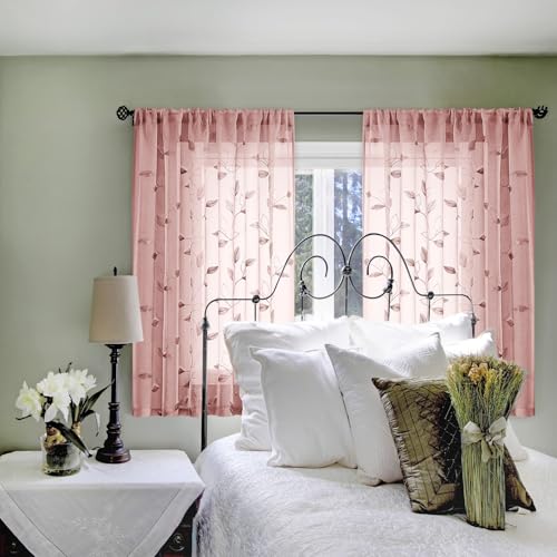 Blush Pink Kitchen Curtains Leaf Embroidered (52"W x 54"L (Pack of 2) / Blush Pink)