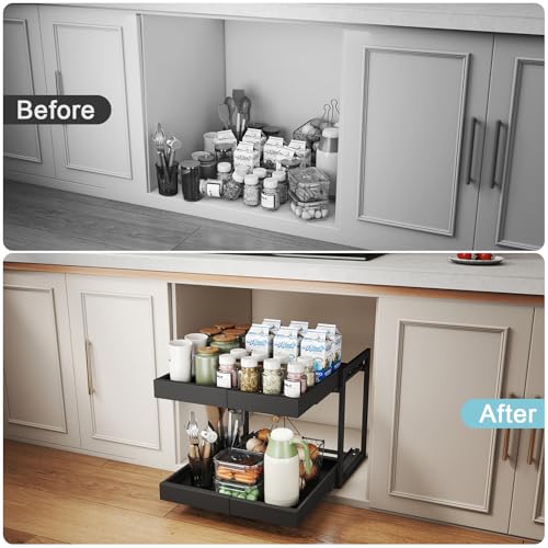 2 Tier Expandable Pull Out Cabinet Organizer (16" Deep / Black)