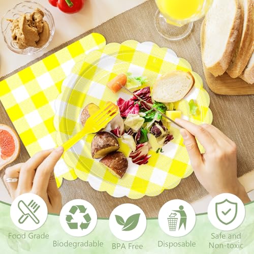 75 Yellow Gingham Paper Plates&Napkins Disposable for Party (Yellow Gingham 75 Plates Set / 7-inch Set)