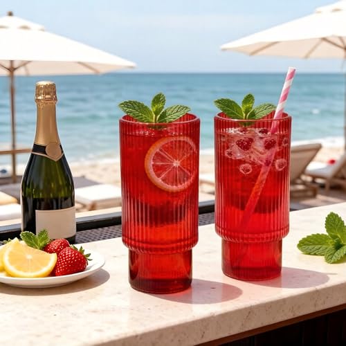 12 oz Ribbed Drinking Glasses Set of 12 (12 OZ / Red 12 Pcs)