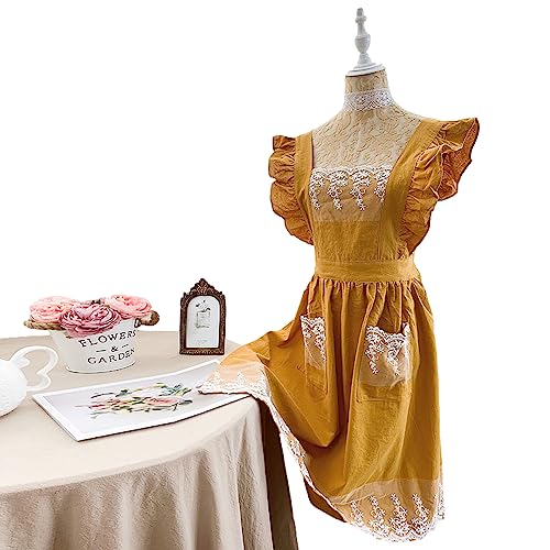 Cute Cotton Apron Frilly Lace Ruffle Adjustable Pinafore Apron Dress with Pockets for Cooking Baking Cleaning Gardening (Yellow)