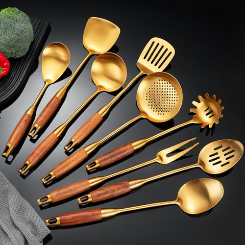 Gold Kitchen Utensils Set Stainless Steel 9 PCS with Wooden Handle (Upgraded Gold-9)