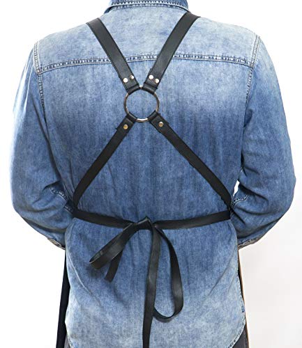 Apron for Women and Men Waterproof Canvas Extra Pocket for Chef Barista Gardening BBQ Grilling Crossback Unisex (Black Brown)