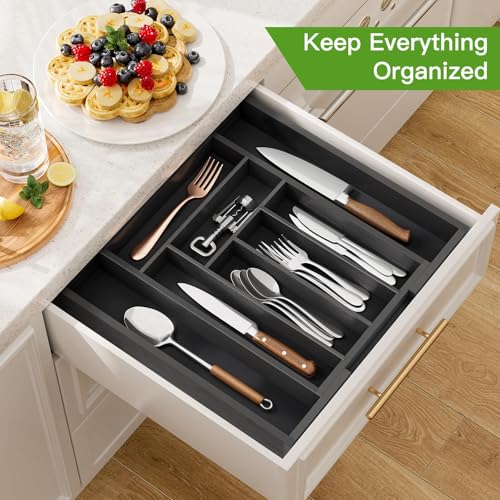 Bamboo Expandable Silverware Drawer Organizer (Black / Medium)