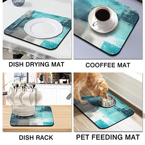 Coffee Bar Mat Accessories for Countertop Absorbent Hide Stain Rubber Backed Dish Drying Mats for Kitchen Counter Draining Pad Decor Gift (Blue / 16" x 18")