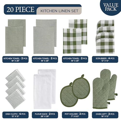 Kitchen Towel and Pot Holder Sets 20 Pc (Kitchen Linen Set of 20 / 01: Olive)