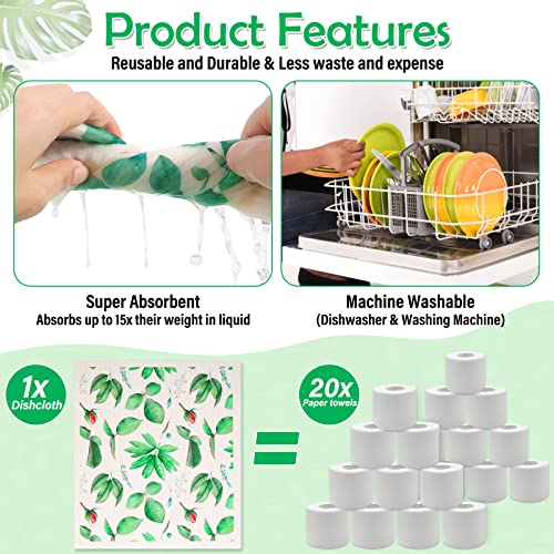 8 Pack Swedish Dish Cloths Washable (8 Pack-green Plants)