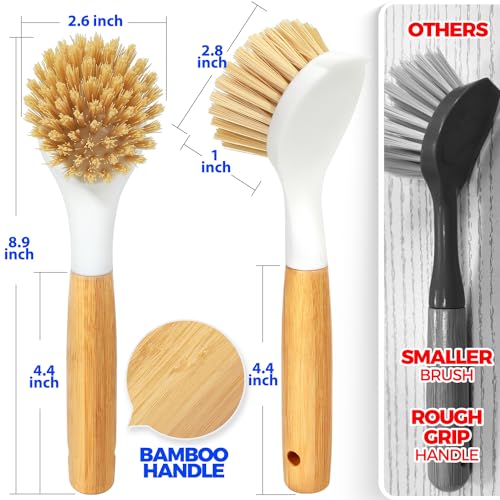 3 Pack Dish Brush with Bamboo Handle Cleaning Brush (White Yellow Black)