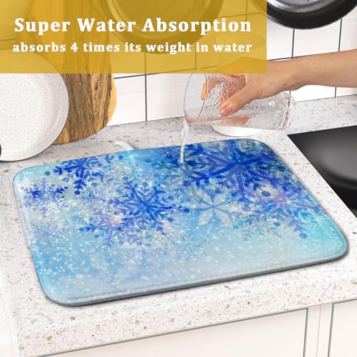 16"x18" Winter Blue Snowflakes Dish Drying Mat Christmas Snow Falling Nature Ice Dish Drainer Mats for Kitchen Microfiber Reversible Dish Drying Rack Pad for Countertop Tabletop Decor (18" x 16")