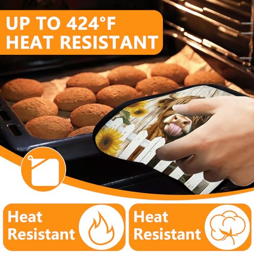 Sunflower Highland Cow Oven Mitts and Pot Holders Sets 4Pcs (Sunflower Highland Cow)