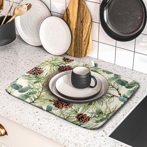 Winter Dish Drying Mat for Kitchen Counter 16x18 Christmas Evergreen Leaves Pinecone Holiday Theme Absorbent Reversible Microfiber Drying Mats Kitchen Countertop Protector Dishes Drainer Pad (16" x 18")