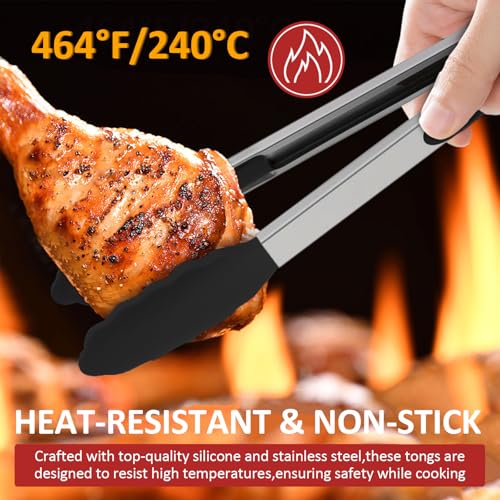 9 Pieces Silicone Tongs for Cooking 7 (Black)