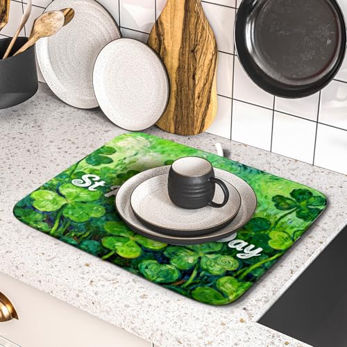 St Patricks Day Lucky Clover Dish Drying Mat for Kitchen Counter 16x18 Green Shamrock Happy Holiday Theme Absorbent Reversible Microfiber Drying Mats Kitchen Countertop Protector Dishes Drainer Pad (16" x 18")