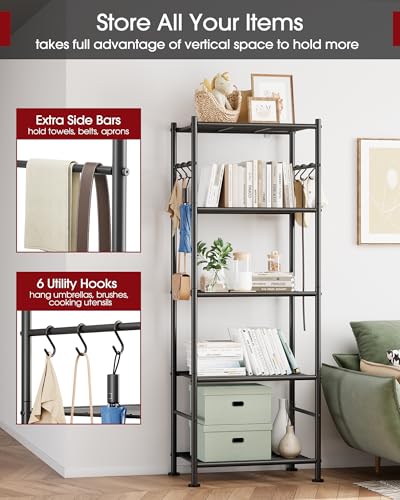 5 Tier Storage Rack Organizer with Hooks (Black / 18.1W×12.4D×56.8H(5T))