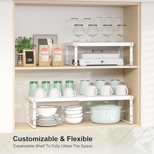 Expandable Cabinet Organizer Shelf With Adjustable Height (White-1 Pack / 10.23"D*15.35-26.77"W x 7.5"H)