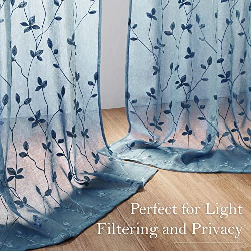 Cyan Blue Sheer Curtains Vine Embroidered (52"W x 63"L (Pack of 2) / Cyan Blue)