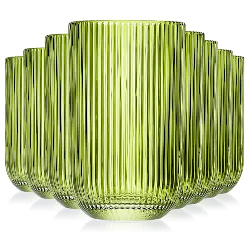 Green Tumbler Fluted Drinking Glasses Set of 8 (Tumbler / Green / 14oz)