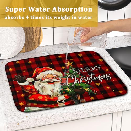 Merry Christmas Santa Claus Red Buffalo Plaid Dish Drying Mat for Kitchen Counter (16" x 18")