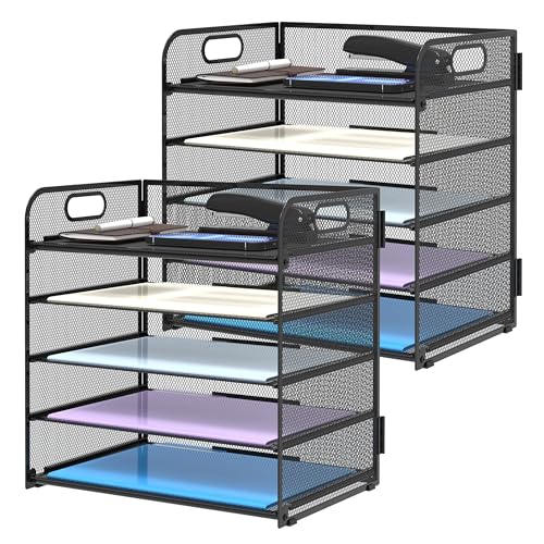 2 Pack 5 Tier Desk Organizer with Handle Mesh Desk File (Black)