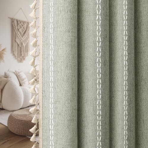 Sage Green Boho Blackout Curtains 96 Inch 2 Panels with Tassels (Sage Green / 52"W x 96"L (Pack of 2))