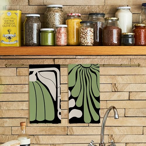 Abstract Boho Green and Beige Floral Kitchen Towels Set of 2 (Boho Green / Casual)