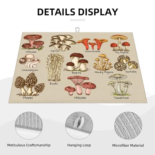 Mushrooms Dish Drying Mat XL Microfiber Kitchen Drying Mat Large Dish Drying Mats for Kitchen Counter Absorbent Quick Drying Pad 18x24 Inch (Mushrooms)
