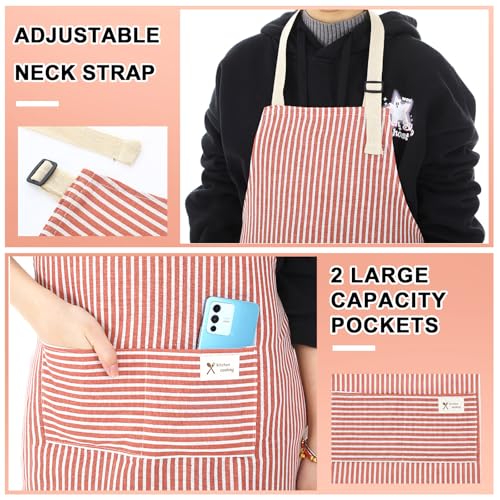 24 Pcs Aprons for Women Men with 2 Pockets Linen Cooking Kitchen Apron Adjustable Bib Chef Apron Bulk Aprons Unisex (Red/Blue / Thin Stripes)