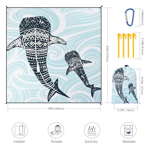 Waterproof Sandproof Beach Blanket Mat for 1 (79" X 83"（1~3 person） / Underwater - Whale Wanderlust)