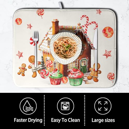 Christmas Dish Drying Mat for Kitchen Counter 16x18 Gingerbread House Man Candy Canes Cookie Cake Drying Mat for Dishes Xmas Winter Holiday Microfiber Drying Pad Dish Drying Pad for Coffee Bar Sink (Christmas Gingerbread / 16" x 18")