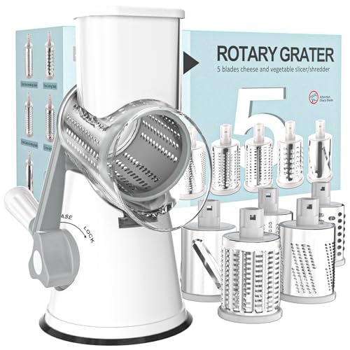 Rotary Cheese Grater Hand Crank Cheese Shredder for Fresh Cheese (5 BLADES / White)