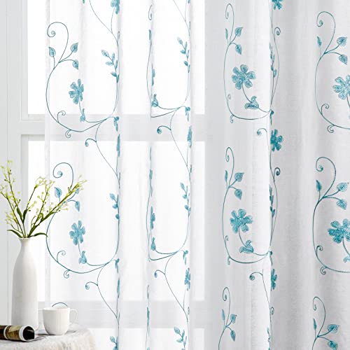 White and Blue Embroidered Floral Sheer Curtains 84 Inches Long 2 Panels Flower Pattern Semi Sheer Window Curtains for Bedroom Living Room (52"W x 84"L (Pack of 2) / White & Blue)