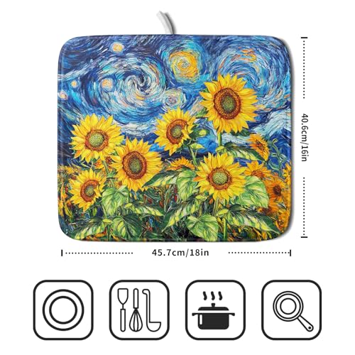 Sunflower Dish Drying Mat for Kitchen Counter 18x16 Inch Starry Night Drying Mat with Absorbent Reversible Microfiber Farmhouse Floral Dish Drainer Mats Rack Pad for Coffee Countertop Protector (Blue Yellow / 18" x 16")