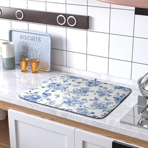 Dish Drying Mat for Kitchen Counter Blue and White Floral Drying Mats Chinoiserie Vintage Flowers Dish Drying Pad for Dishes Microfiber Absorbent Dish Drainer Rack Mat for Countertop 18x24 Inch (Floral Blue and White / 18" x 24")