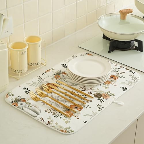 Fall Dish Drying Mat 18 x 24 inch Thanksgiving Autumn Watercolor Pumpkin Maple Leaves Decorative Drying Mats Microfiber Absorbent Dish Washable Draining Mat for Kitchen Counter Decor (18" x 18" / Watercolor Pumpkin)