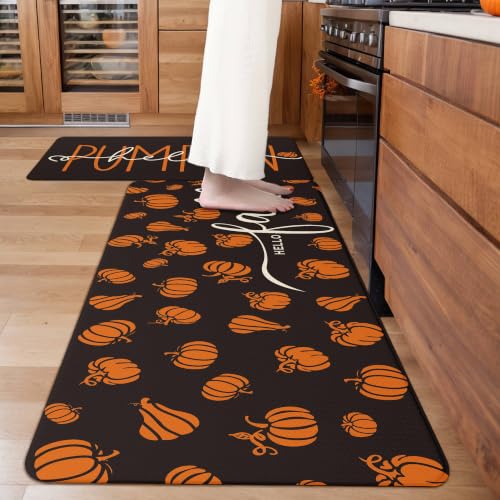 Fall Autumn Pumpkin Black Kitchen Rug Sets 2 PCs (Black / 17.3"x29"+17.3"x47"-0.4"H)
